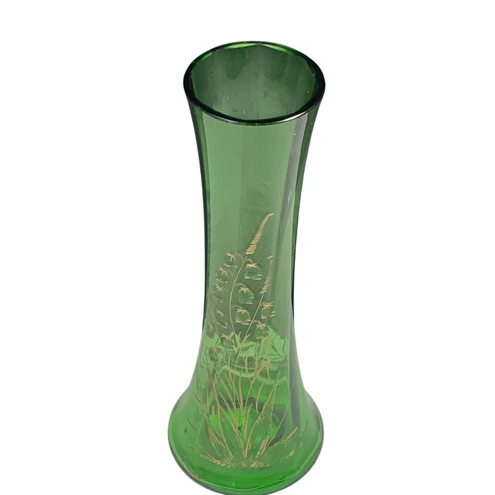 Emerald Green Glass Bud Vase Gold Etched Floral Art Mid Century Decor 8
